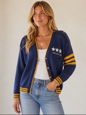 Y2K VINTAGE LINDSEY BLAKE M Military naval nautical yellow woman cardigan